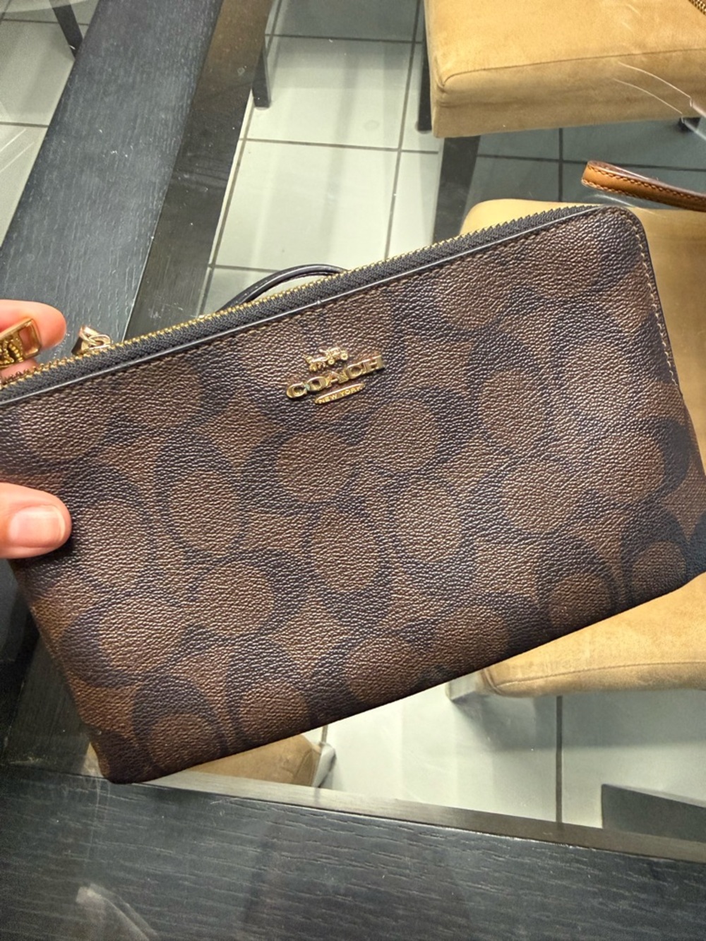 Coach Brown Signature Canvas Zip Pouch with Gold Hardware